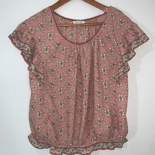 Max Studio Womens Size Large Bubble Hem Floral Coral Contrast Trim Lightweight
