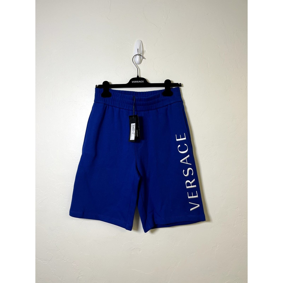 VERSACE|TRAINING PANTS (Logo Sweat Shorts (78GADT05 CF0 Versace Men's Blue White Logo Print Cotton Fleece Gauze