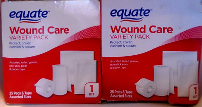 Wound Care Kit Variety Pack  25 Pads & Tape  Assorted Sizes Equate 2-BOXES
