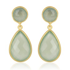 Green Chalcedony Gemstone Yellow Gold Plated 925 Silver Dangle Earrings