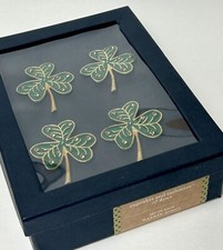 St. Patrick's Day SHAMROCK Napkin Ring Set NIB ☘️ Gold Rhinestone Green Enamel