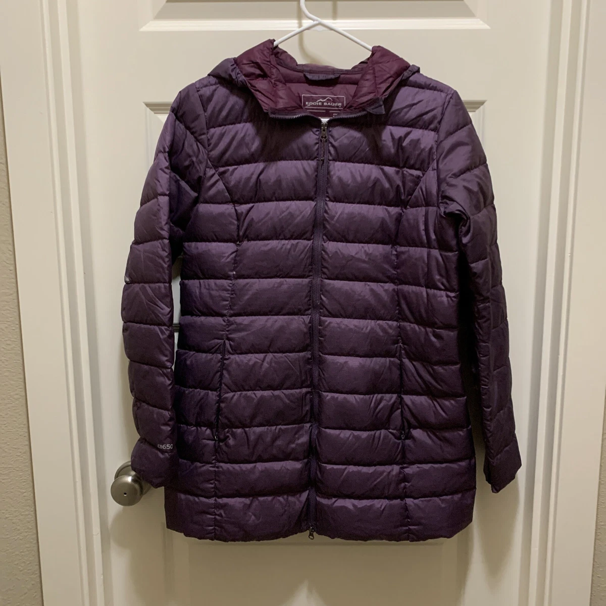 Eddie Bauer EB650 Down Filled Purple Hooded Long Packable Puffer