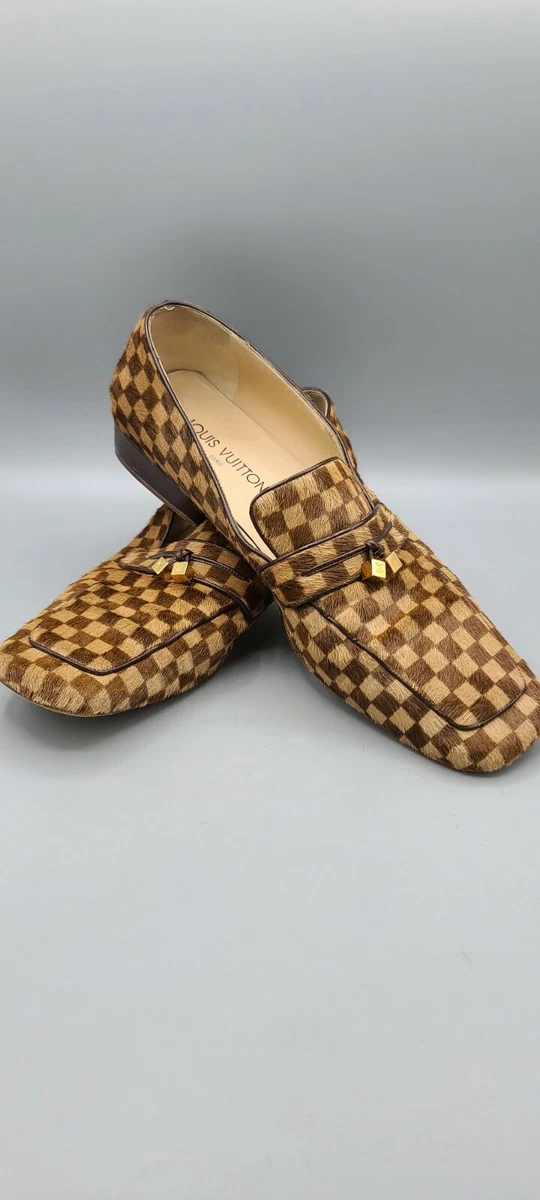 LOUIS VUITTON Loafer Damier Beige Brown Pony Hair LV Dice Logo Charm Size 42