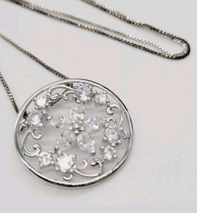 Necklace Sterling Silver 925 Crystal Flower Pendant 18 in