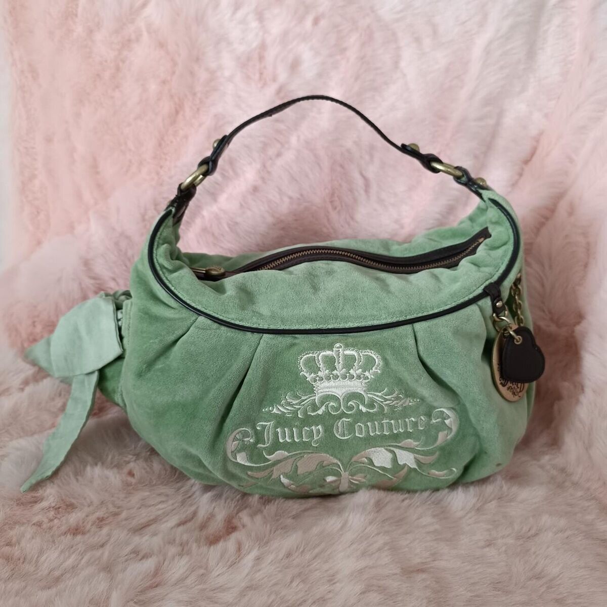 Juicy Couture Bag Purse Green Velour Vintage Ribbon Bow Juicy Couture Bag Purse Green Velour Vintage Ribbon Bow