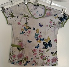 Cherokee Women  s Scrub Top XS Butterflies  Flowers Hen Trim