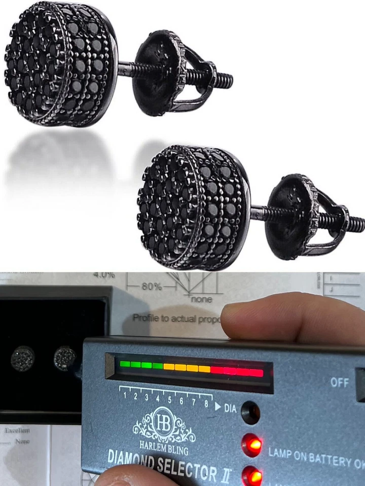 Pendientes Hip Hop Moissanita Negra Plata 925 Pequeños Tachuelas Redondas Probador de Pasos