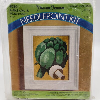 Pauline Denham 4530 Artichoke And Mushroom Needlepoint Kit With Frame 1974 NOS