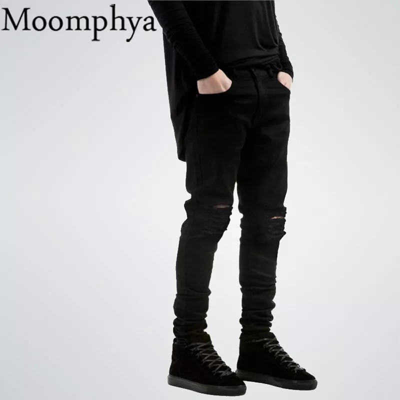 Pantalones Vaqueros Rasgados Negros Para Hombre Con Agujeros Moda Casual Hip Hop