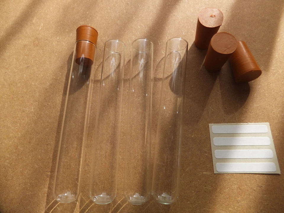 Test Tubes Heat Resistant Pyrex Glass Choiceof Rubber Bung or Caps Lids & Labels