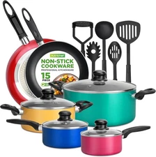 15-Piece Non Stick Kitchen Cookware Set PFOA/PFOS-Free, Colorful Heat Resistant