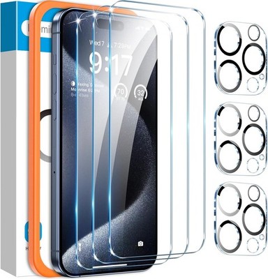 [3+3 PCS] Screen Protector & Camera Lens Protector for iPhone 15 Pro Max 6.7 Inc