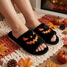 Halloween Pumpkin Slippers Women Fuzzy Plush Jack-O-Lantern Open Toe House Shoes
