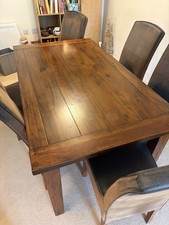 Rectangular Dark Wood Dining Table with 6 Upholstered Chairs Set Brown Grey