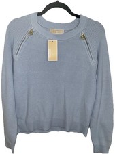 NWT Michael Kors Double Zipper Knit Sweater Pullover Pastel Sky Blue  Large