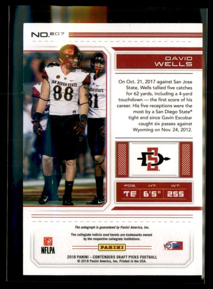 2018 Panini Contenders Draft Picks Football David Wells San Diego State 207 Roo - Image 2 of 2
