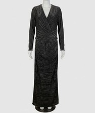 Betsy Adam Women's Black Silver Metallic V Neck Long-Sleeve Gown Dress Sz 10
