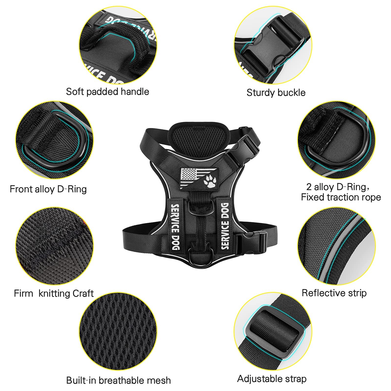 Service Dog Harness, Reflective Dog Vest Harness with 5 PCS Patches, Adjustab...