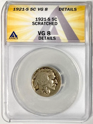 1921-S Buffalo Nickel, ANACS VG-8 Details, Scratched on Reverse, Semi-Key Date!