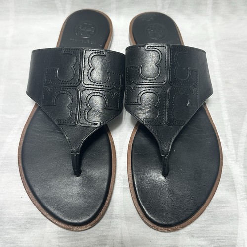 Tory Burch JAMIE Weston Embossed Logo Thong Sandals in Black US 6.5