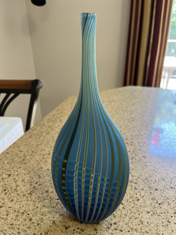 JOHN A Slatcher JAS Signed Vase Vertical Ribbed Design Blue Grn Color Weave 11"