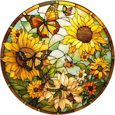 Sunflower Stained Glass Window Hanging - Acrylic Suncatcher Butterfly Ornament -