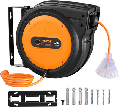 Retractable Extension Cord Reel, 65 FT, Heavy Duty 12AWG/3C SJTOW Power Cord, wi