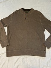 Eddie Bauer Henley Sweater Men L Brown Ribbed Knit 3 Button Pullover Cotton