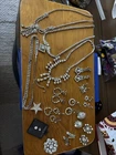 Vtg Costume Jewelry 17 Item Lot Silver Tone Rhinestone Necklace Broochs Earrings
