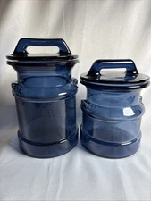 Vintage L.E. Smith Cobalt Blue Glass Milk Can Jug Canister 9” & 7.5” Set of 2