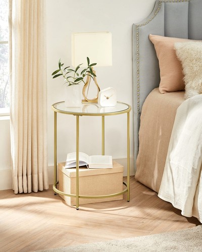 VASAGLE Round Side Tables Set of 2 Glass End Tables with Metal Frame Gold Coffee - Picture 3 of 9