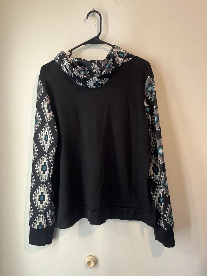 Sudadera Pullover Roper Western Azteca Mujer Mediana Capucha Cuello Negro Turquesa Foto 4 de 4