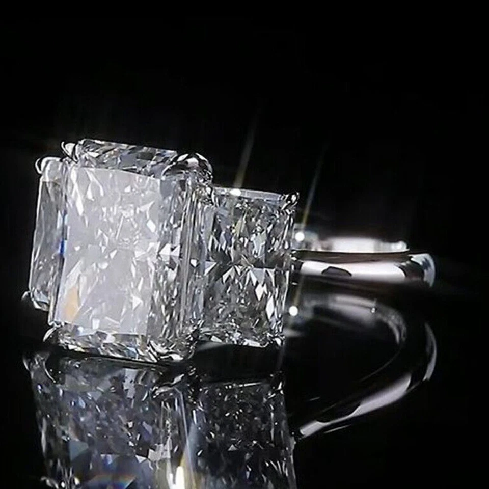Anel de noivado de prata esterlina 925 com 3 pedras de diamante branco tratado radiante 6,0 quilates - Imagem 3 de 4