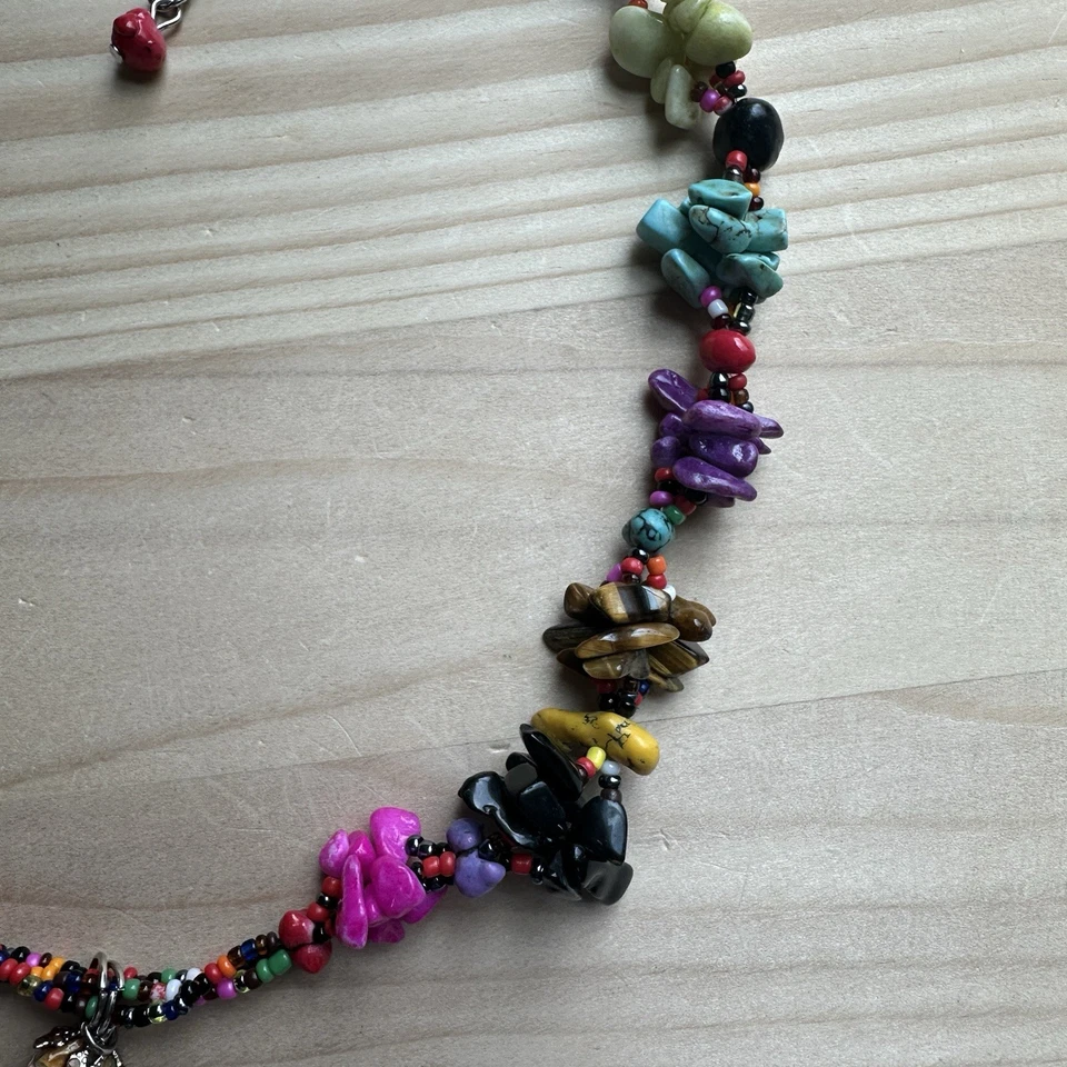 VTG Pendant Necklace 34" Agate Multicolor Stone Chips Glass Beads Boho Adjust - Image 3 of 4