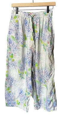 Felix Italy Linen Hydrangea Floral Wide Leg Pants One Size