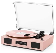 Vinyl Record Player Vintage Wireless Bluetooth Record Player with Light Pink