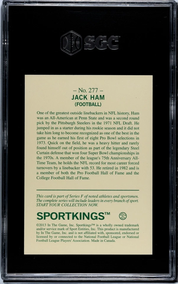 2013 Sport Kings Series F #277 Jack Ham SGC 10 GEM MINT - Image 2 of 2