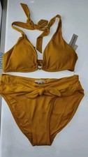 Robin Piccone Mustard Yellow Halter Triangle Bikini Set Gold Hardware NWT M