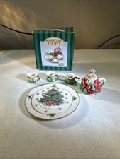 Vintage Miniature Christmas Tea Set Resin Tree Holly Mini 1995 C F Enterprises