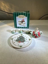 Vintage Miniature Christmas Tea Set Resin Tree Holly Mini 1995 C&F Enterprises