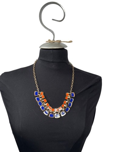 Orange & Blue Statement Necklace With Double Row Square Resin Accents On Gold-To