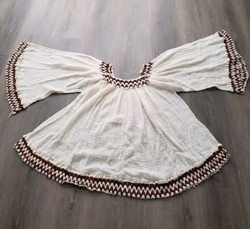 VTG 70s Off-White Gauze Hippie Boho Top Sz S/M? Bell Sleeves Festival FLAWS