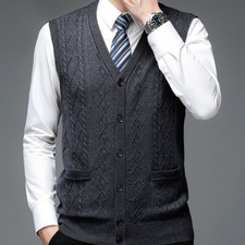 Men Cable Knit Waistcoat Gilet Cardigan Jumper Sweater Button Knitted Tank Top