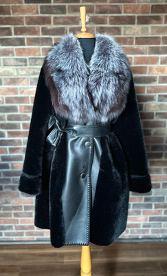 Brand New Women's Black Alcantara Coat With Genuine Silver Fox Collar
