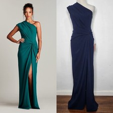 TADASHI SHOJI Navy Stretch Crepe Hi-Slit One Shoulder Pleated Gown Dress XS 0/2
