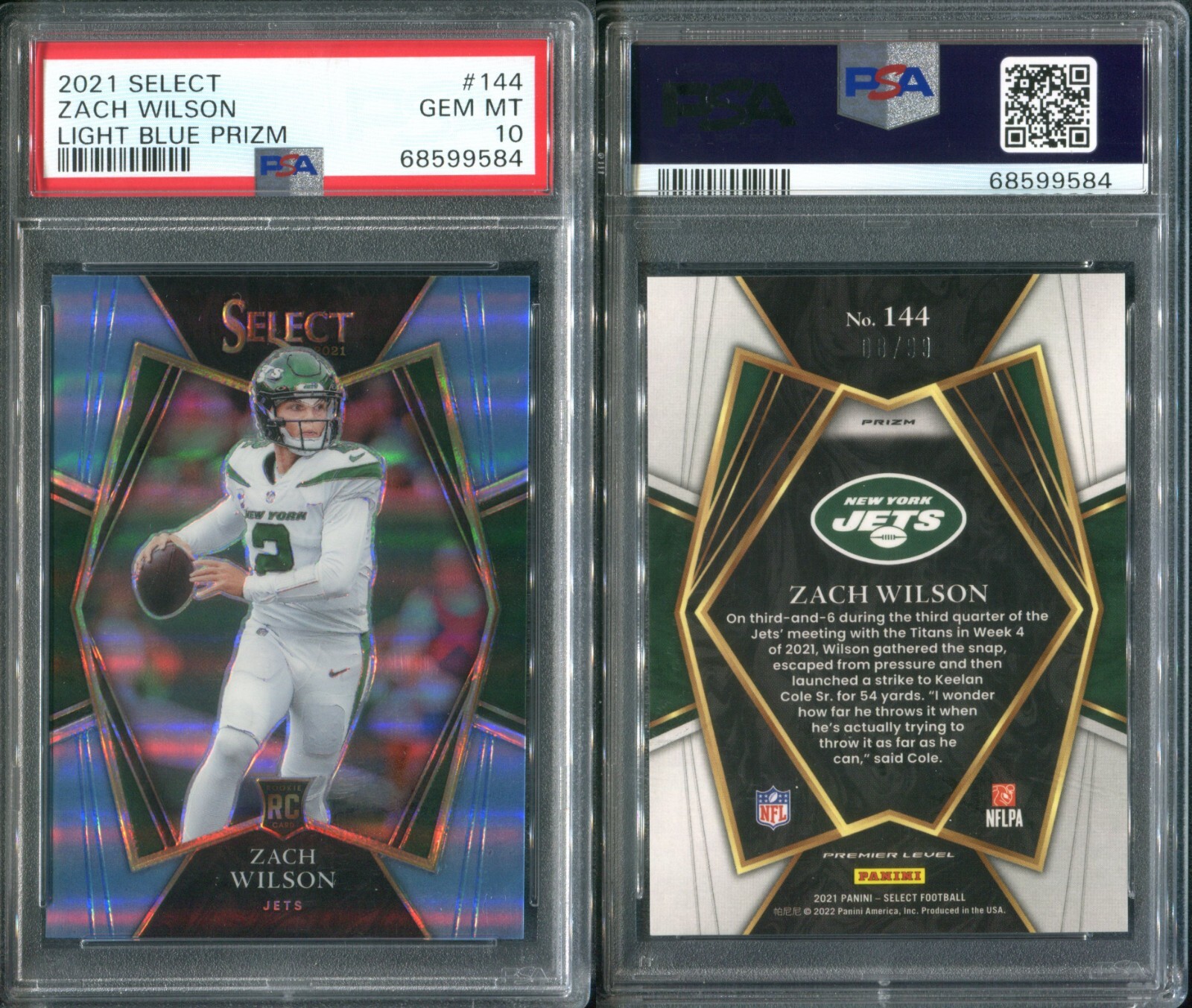PSA 10 2021 Select Prizm Light Blue #144 Zach Wilson RC 8/99 New York Jets POP11