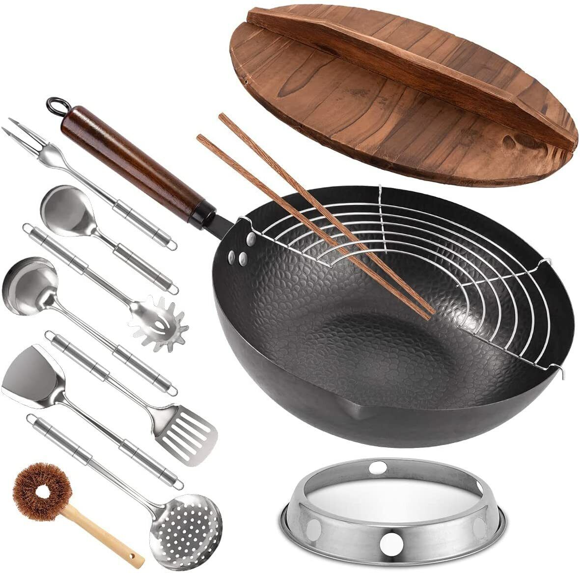13 Pcs Carbon Steel Chinese shipfree Wok Wooden with Pan Handle Stir- Lid Fresno Mall