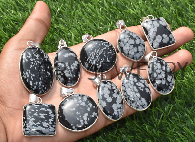 1000pcs Snow Flake Obsidian Gemstone Bezel Pendants Lot 925 Silver