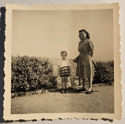 Woman in Dress Standing with Child in Front of a Hedge Summer 1950 (5.5x6.0) Original Photo