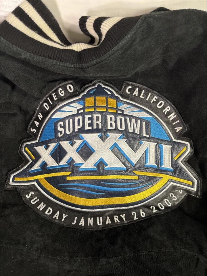 Chaqueta de colección 2003 Super Bowl 37 gamuza negra NFL de Reebok Raiders Buccaneers Foto 3 de 4